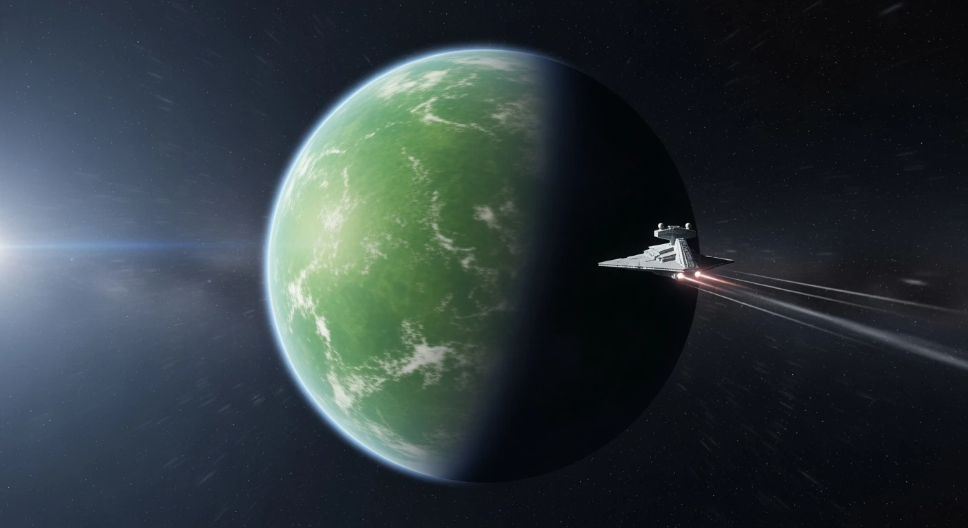 cinematic still, motion blur shutter speed, establishing shot, shot from top, entire globe green planet, single starship coming to planet, inspired by StarWars movie, captured by arri alexa  emoji