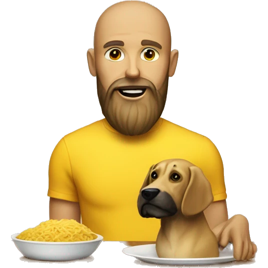 A yellow skinned man with beard with a plate in front of him on a table. there is a dog on the table. emoji