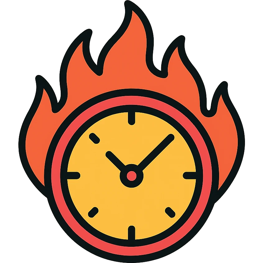 minimal color icon of a round clock with bright vivid flames, clean lines emoji
