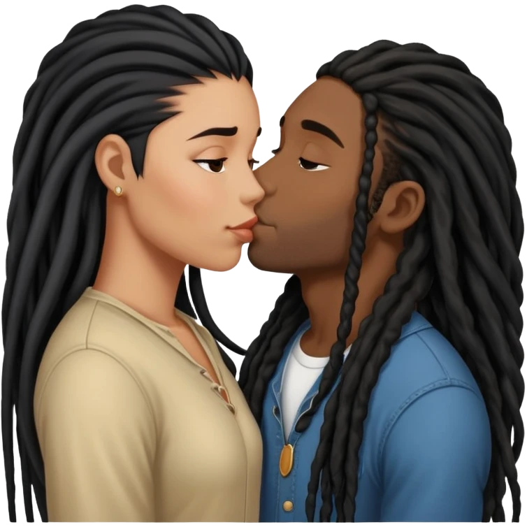 Latina Woman with long hair kissing a young black guy with dreads no beard emoji