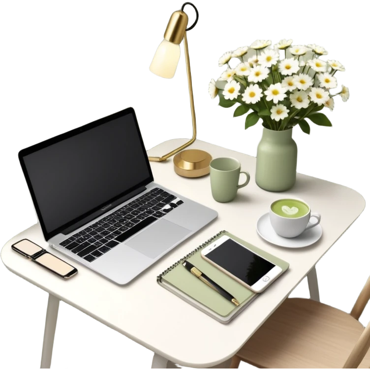 seeing a working from home desk from above with a macbook computer, fashion/interior magazines, flowers in a little vase, louis poulsen portable lamp with a dimmed cozy light and a iced matcha. very scandinavian aesthetic emoji