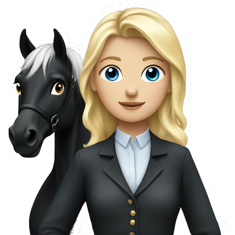 blonde equestrian girl with blue eyes standing next to a black horse emoji