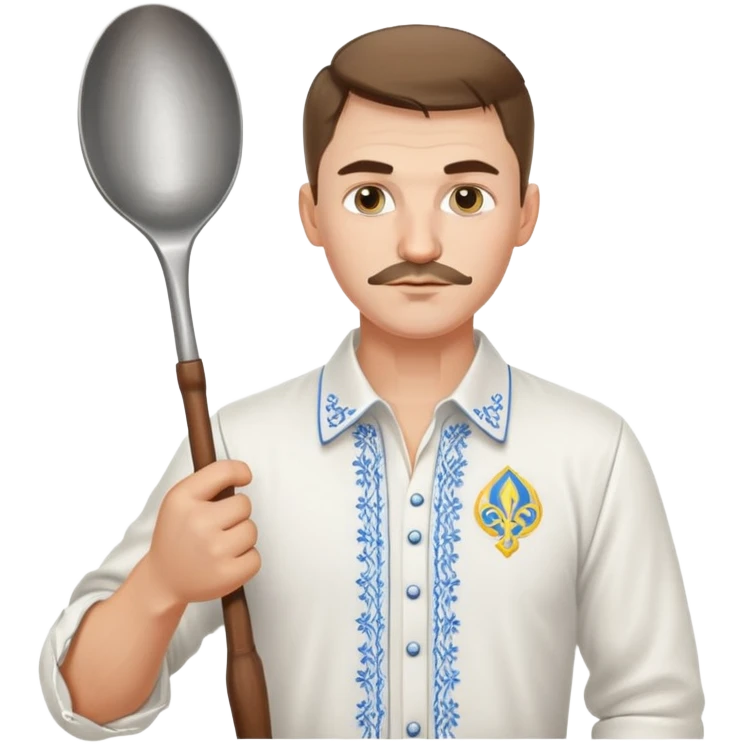 Ukrainian man in traditional white embroidered shirt holding a ladle and kitchen shears emoji