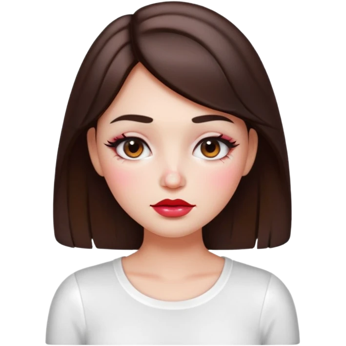 “Emoji brunette girl white top, dewy skin, heavy blush across cheeks and nose bridge, glossy cherry lips, soft eyeliner, teary sparkling eyes like hanni from new jeans emoji