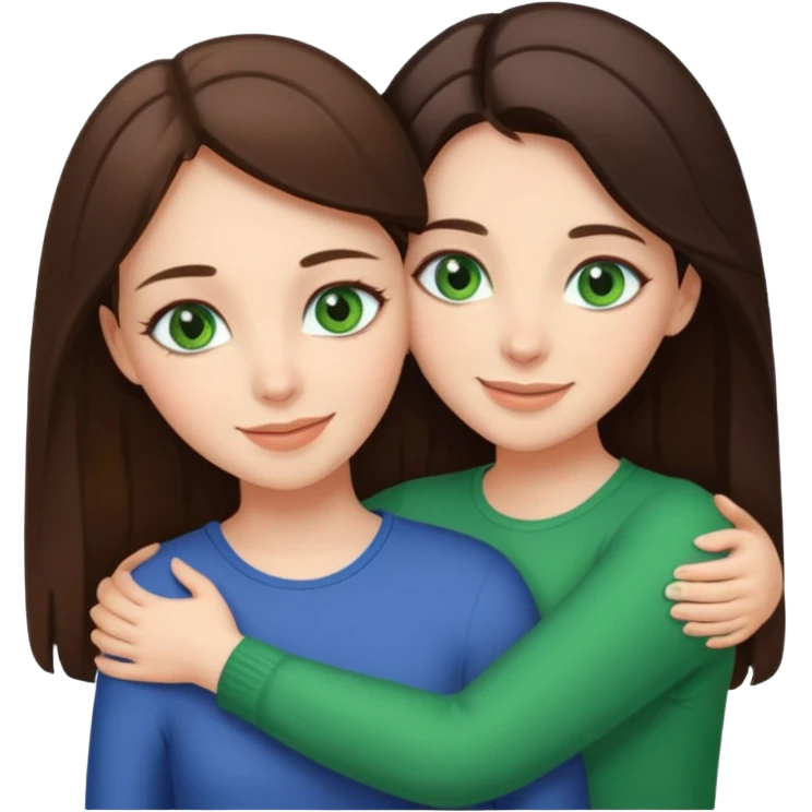 A brunette sister with green eyes and a brunette sister with green eyes in different clothes together hugging emoji