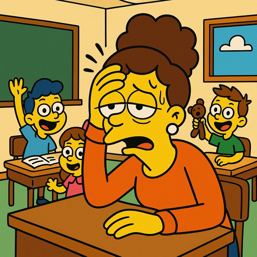exhausted teacher in a bustling classroom emoji