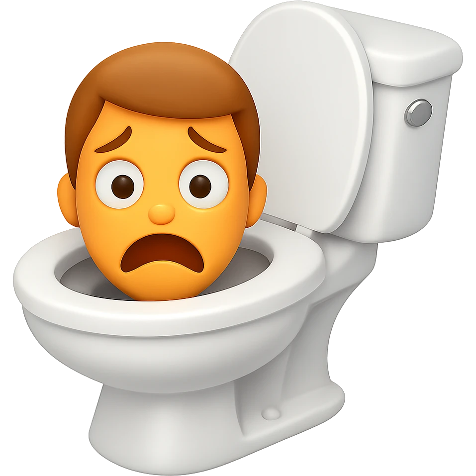 Create an image in the style of apple emojis of a toilet with a cartoonish, exaggerated head emerging from the bowl, looking scared with raised eyebrows and frowning mouth. Use a transparent background. emoji