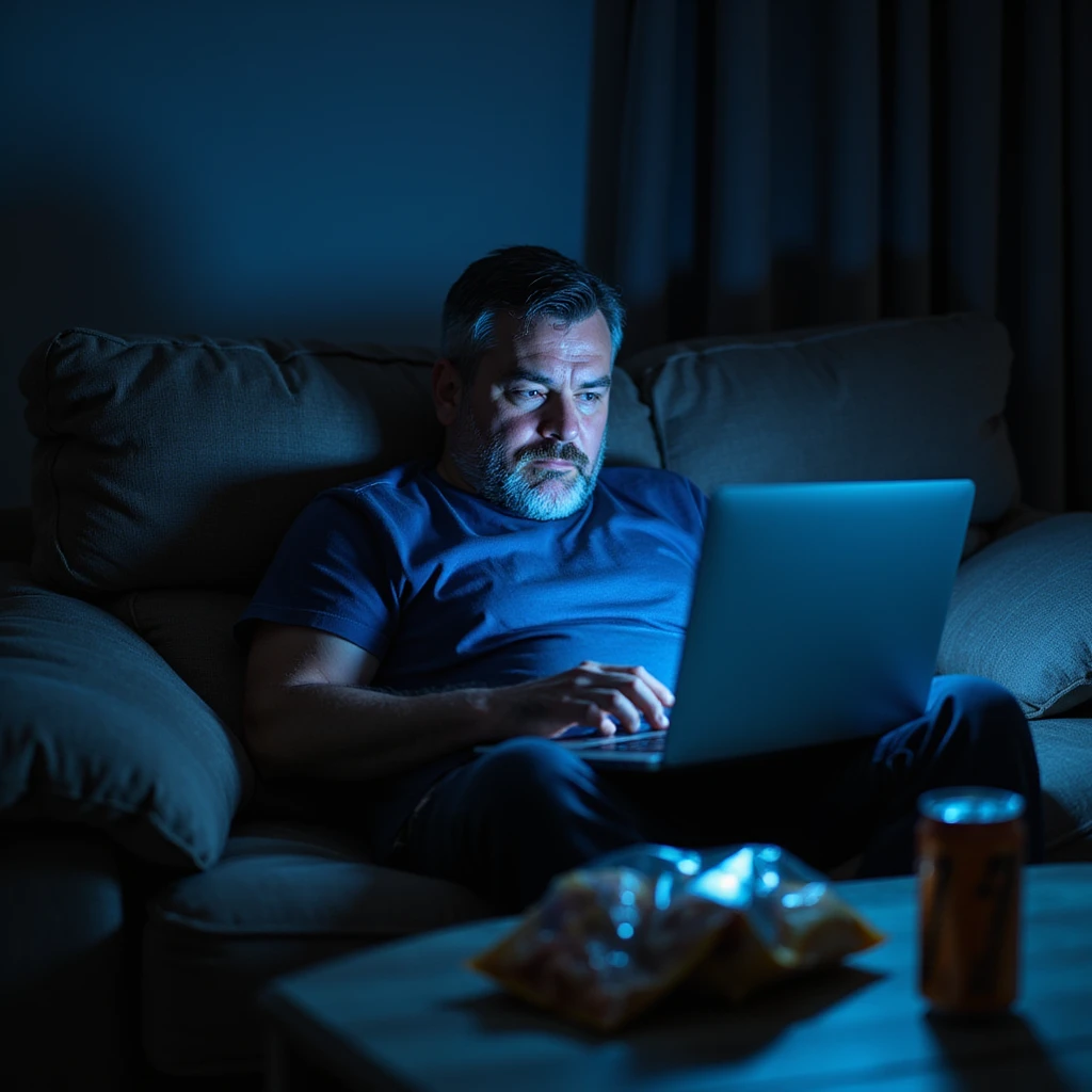 middle-aged man slouched on couch with laptop, dark circles under his eyes, empty snack bags and energy drinks on the coffee table, blue light from screens illuminating his tired face, hyperrealistic 4K details, evening atmosphere emoji