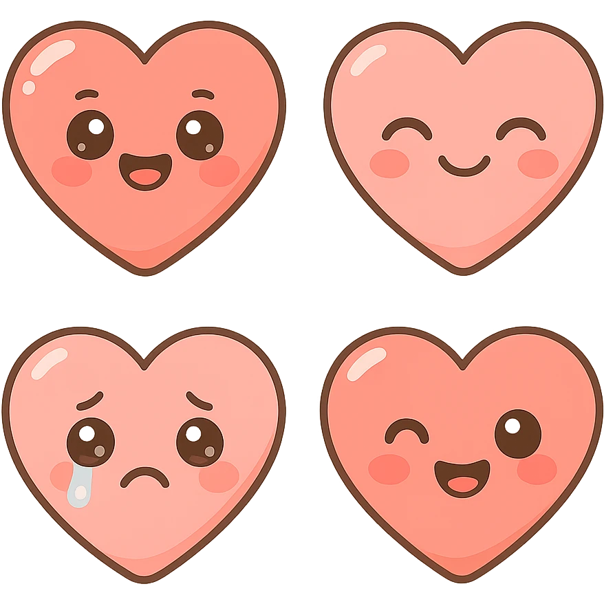 A series of illustrations heart in a kawaii emoji style, with detailed shading and highlights, thin clean outlines, soft and rounded features. Pastel color palette using  #FE655F, #F4A6A6,#FECDC9 The style is inspired by modern Japanese pop art and sticker aesthetics. Highly detailed, vector clarity, soft lighting and subtle shadows. Transparent background without background. emoji