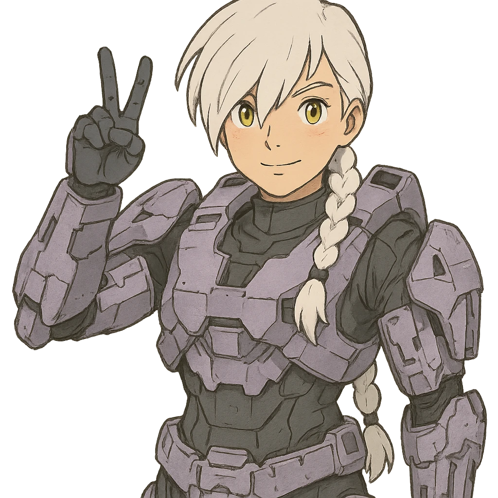 victory salute, female, wearing reach spartan armor shoulder-unequip, long white braid hair with massive messy front side single bangs, gold yellow eyes, attention pose, D-cup size, HALO:series, no helmet, the armor is lavender color scheme, emoji