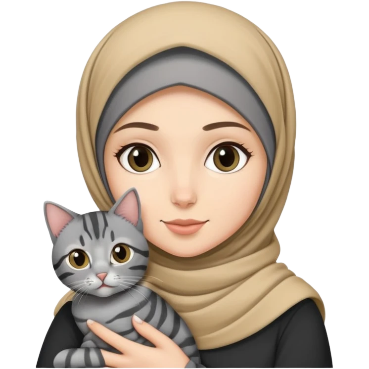 White girl wearing pretty hijab holding a black grey tabby cat while standing emoji