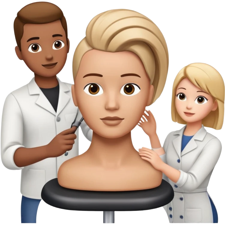 hairstylist teaching students using mannequin head emoji