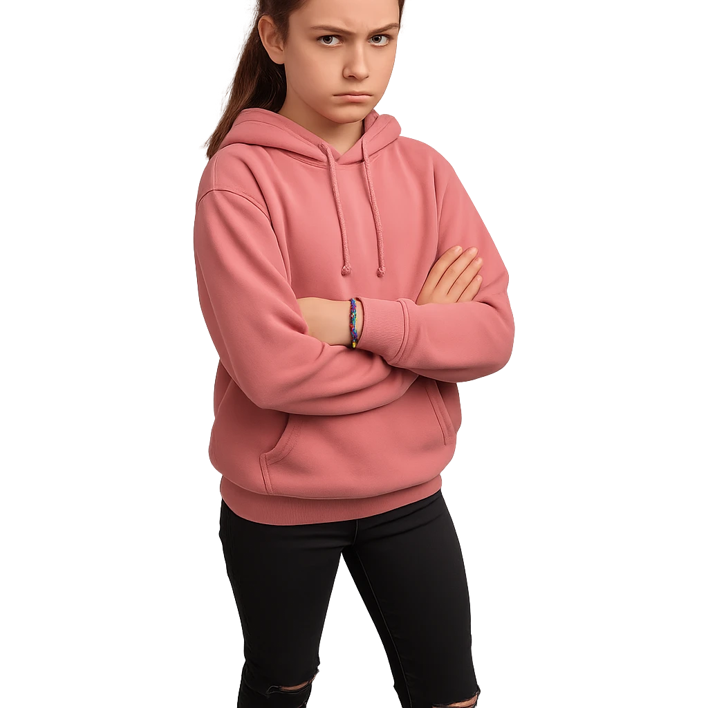 13-year-old girl with chestnut brown hair in a ponytail, hazel eyes, wearing pink hoodie, black ripped jeans, white high-top sneakers, beaded friendship bracelet, sharp suspicious look emoji