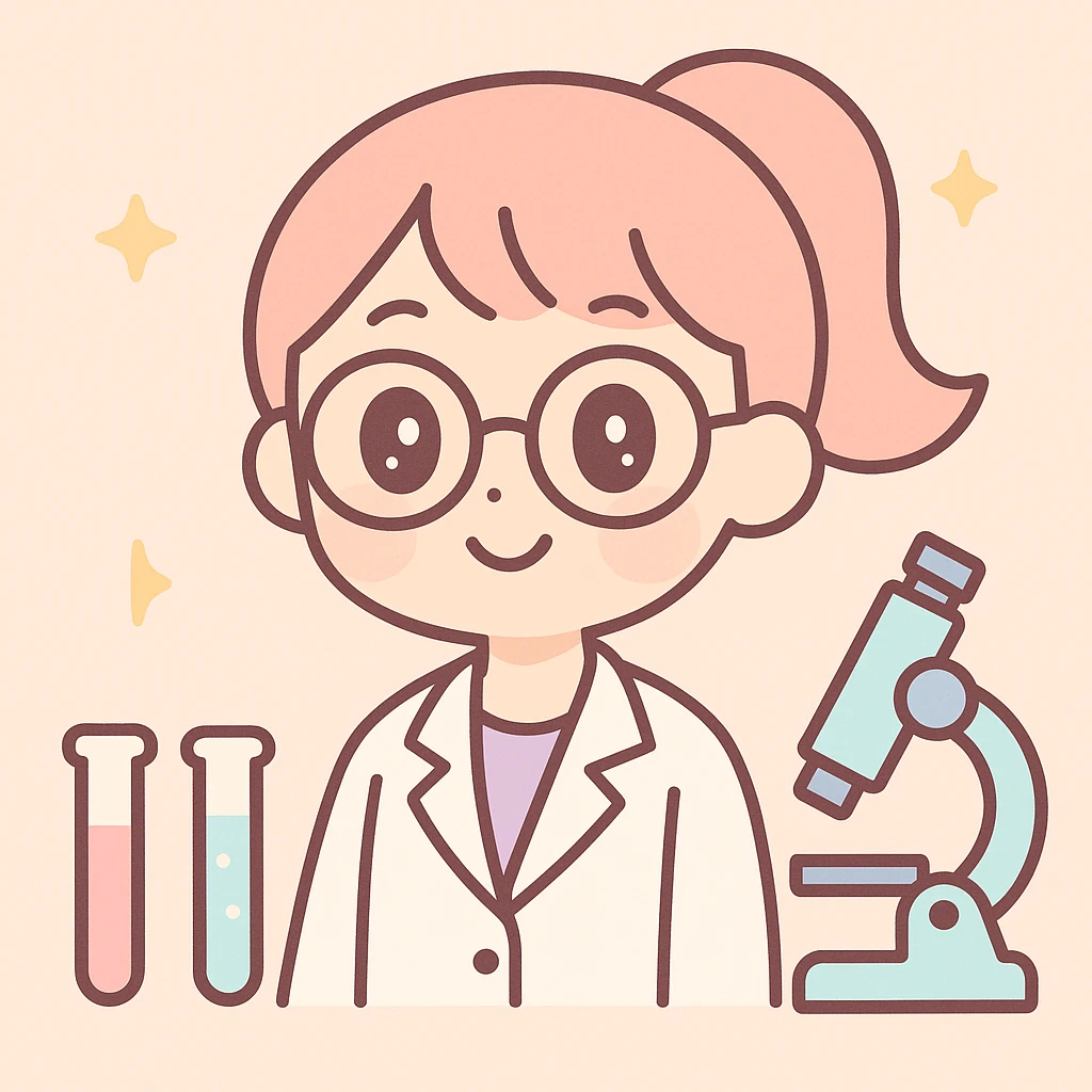 a beautiful girl scientist with glasses and a ponytail surrounded by science equipment vibrant anime style emoji
