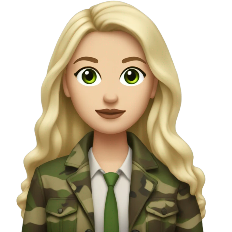White girl with Long blonde hair and green eyes, camouflage Wool oversize blazer, mini skirt and Brown leather boots  emoji