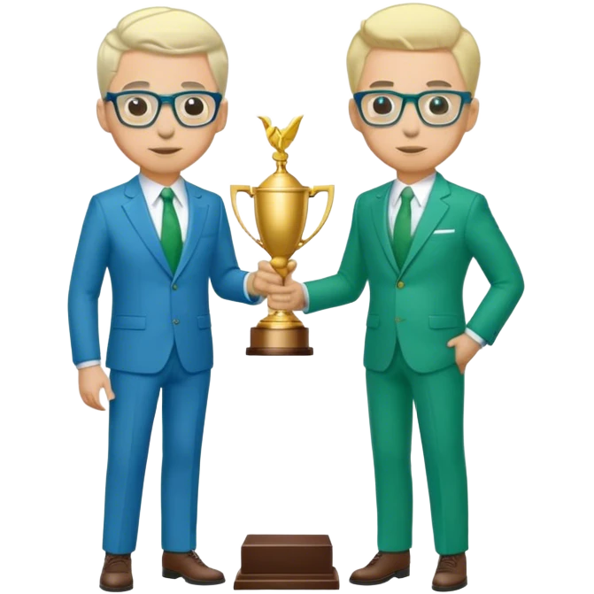 Full Body white  2 x male  wearing glasses with a goatee with light blonde and gray very short hair basketball head Coach in blue and green suit holding trophy emoji