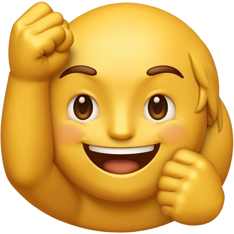 A medium-sized, golden-yellow emoji with a round face. It has a slightly bearded look, one eye winking, and a smiling expression. On both sides, there are fists with index fingers pointing left and right. emoji