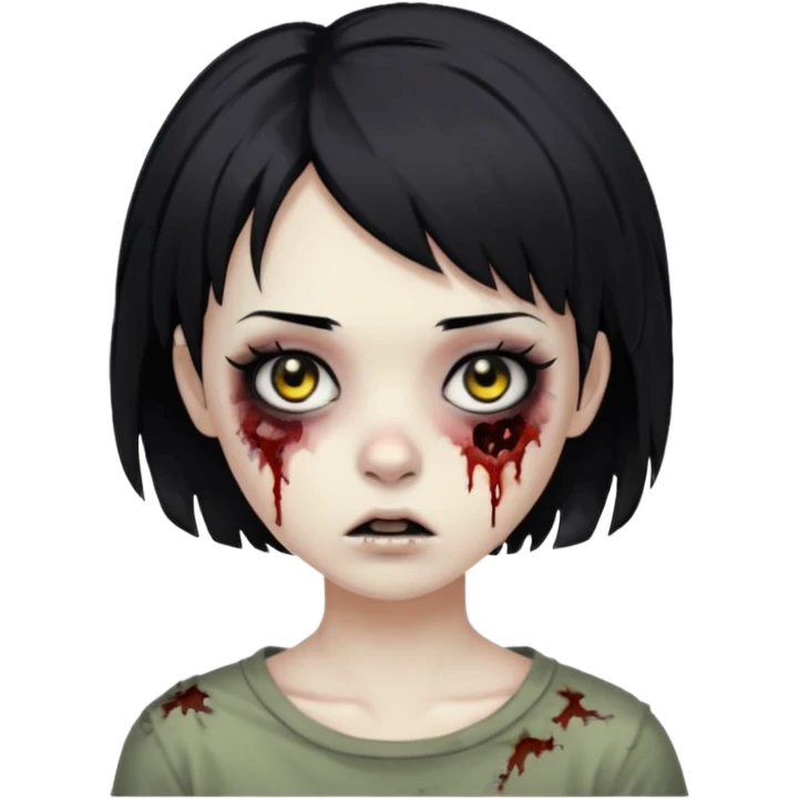 Zombie girl with messy black short hair with lashes and torn cheek and calm face emoji
