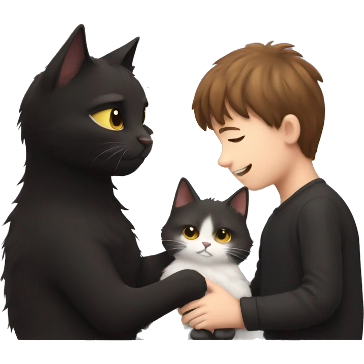 Fluffy Black cat being cuddled by brown haired boy emoji