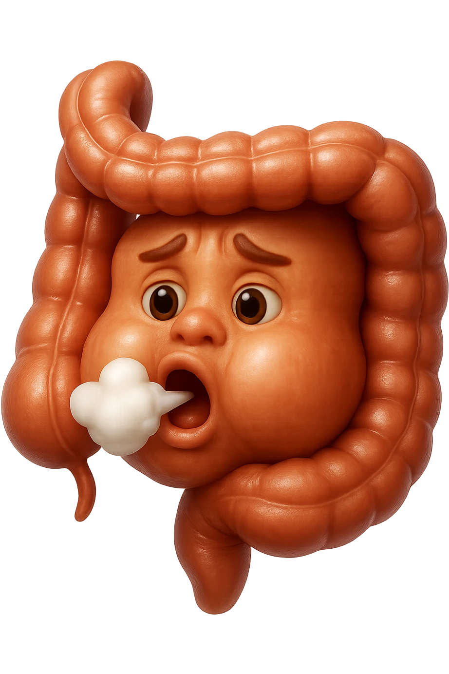 emoji stile iphone di un intestino che ingoia una nuvoletta di aria ben visibile e gli si gonfia la pancia, non fargli il naso, iperrealistico 4k emoji