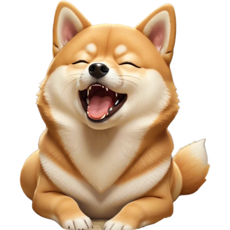 Cinematic Cute Yawning Shiba Inu Portrait Emoji, Head tilted slightly with a dramatic, wide-open yawn, showcasing a vibrant fur with a soft creamy underbelly, floppy ears slightly drooping, round brown eyes barely open in drowsy contentment, Simplified yet irresistibly adorable features, highly detailed, glowing with a soft, cozy glow, high shine, relaxed yet expressive, stylized with a touch of whimsy, bright and endearing, soft glowing outline, capturing the essence of a sleepy yet affectionate companion, so drowsy it feels like it could stretch out of the screen and curl up for a nap! emoji