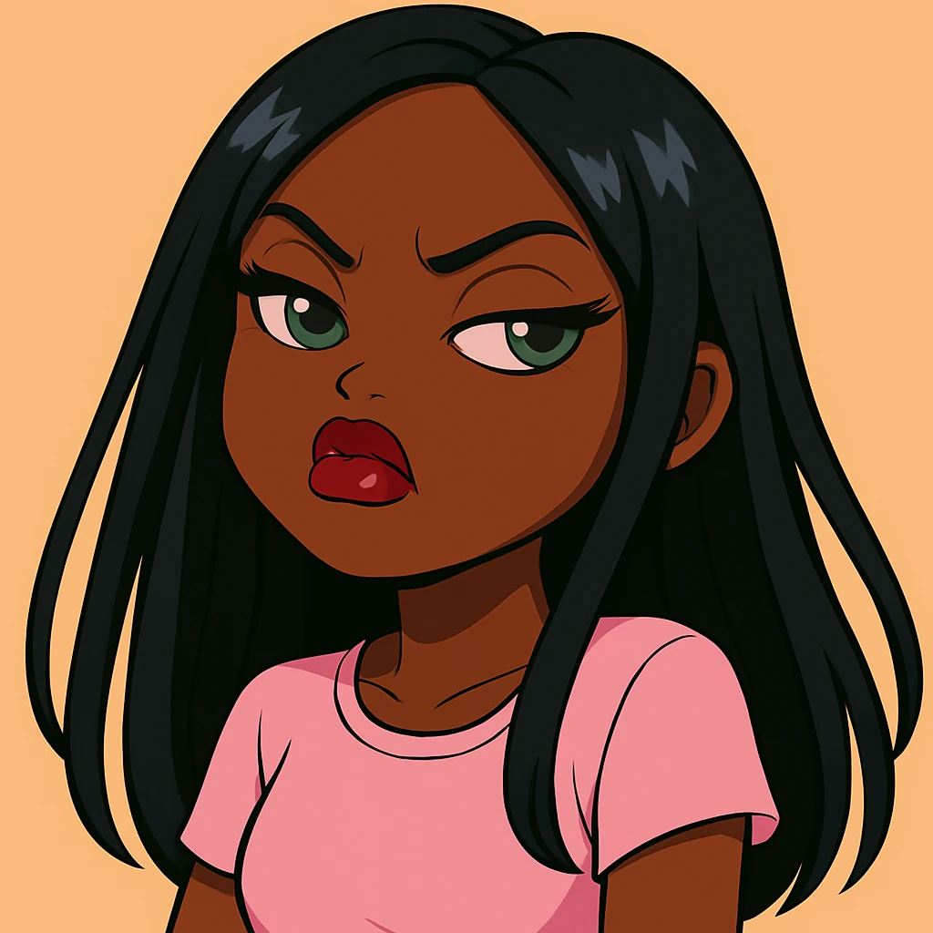 Remove the side-eye, make her look straight ahead with an angry, snooty attitude, nose turned up, headshot only, 20-year-old anime Bratz style woman with dark skin, straight hair, more casual outfit, big expressive eyes, glossy lips, no hat, no tears. emoji