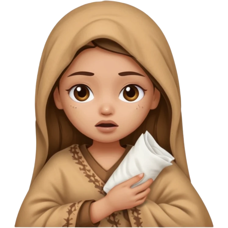 a pretty bratz fair indian girl wearing a brown pajamas and blnaket, dark circles, crying, holding tissues emoji