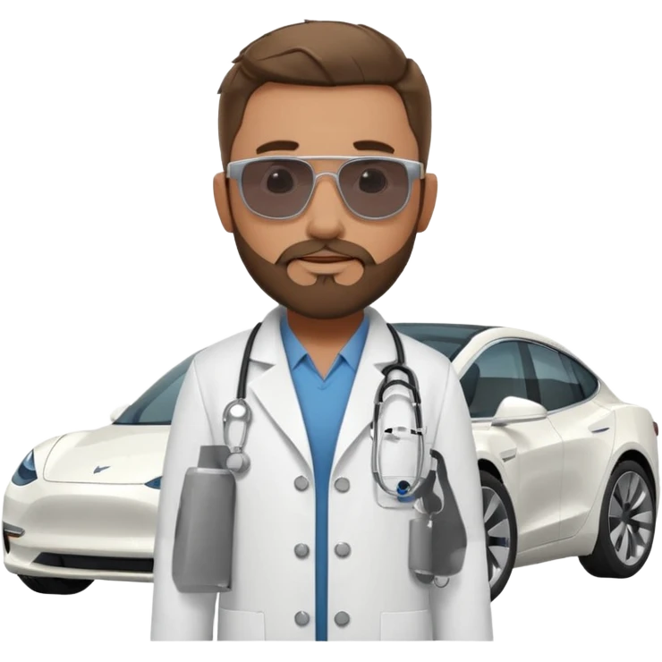 White tesla model 3 and one cool physician with dark blond hair, beard, stetoscope and dark sunglasses next to it emoji