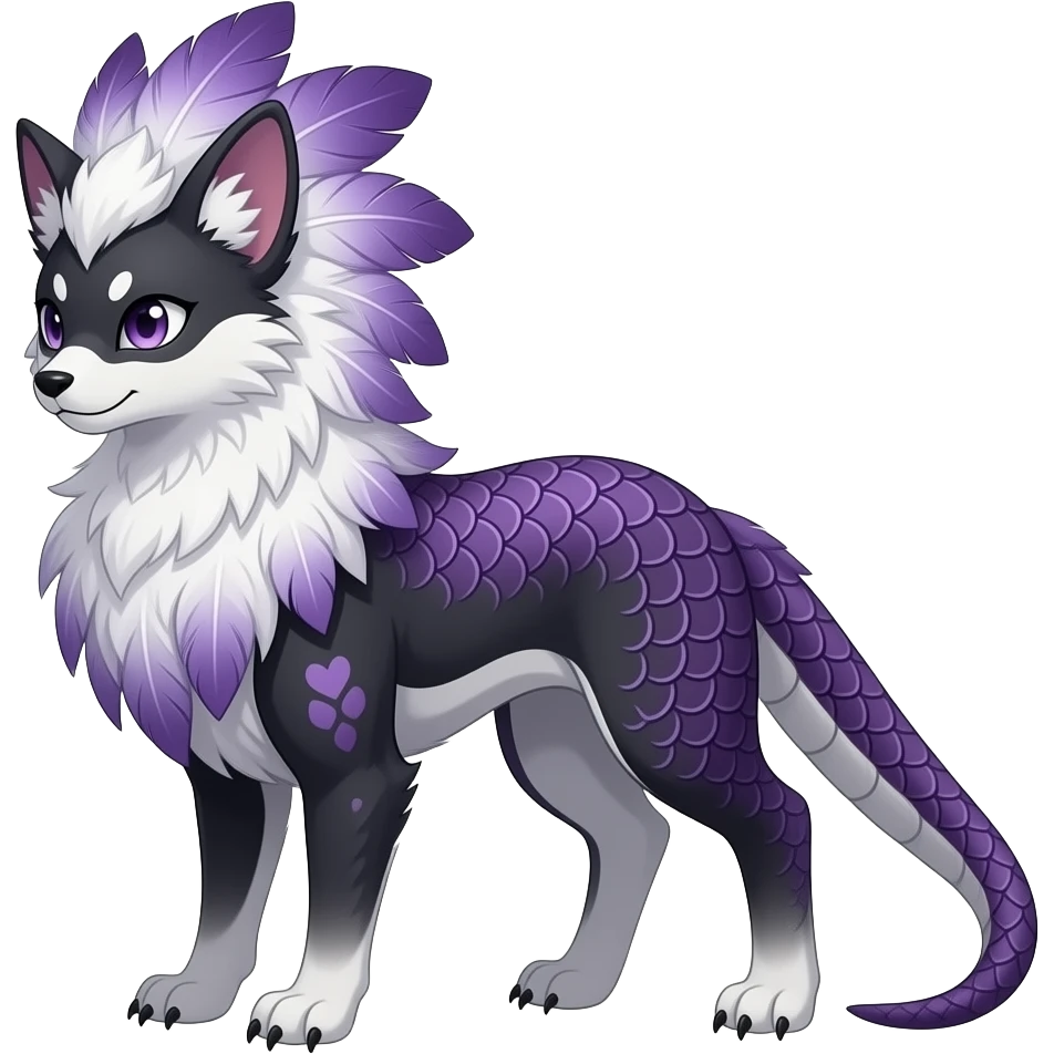 Gingham-patterned Slim stylish feather-maned elegant realistic Asian Furry, feathery fluffy tropical flecked painted feathery scaly, Purple, white, black, Minccino-Bambino-Lykoi-Linoone-Zangoose-fusion-hybrid-animal-Fakémon-creature, full body, thin long sleek scaly tail, intricate markings emoji
