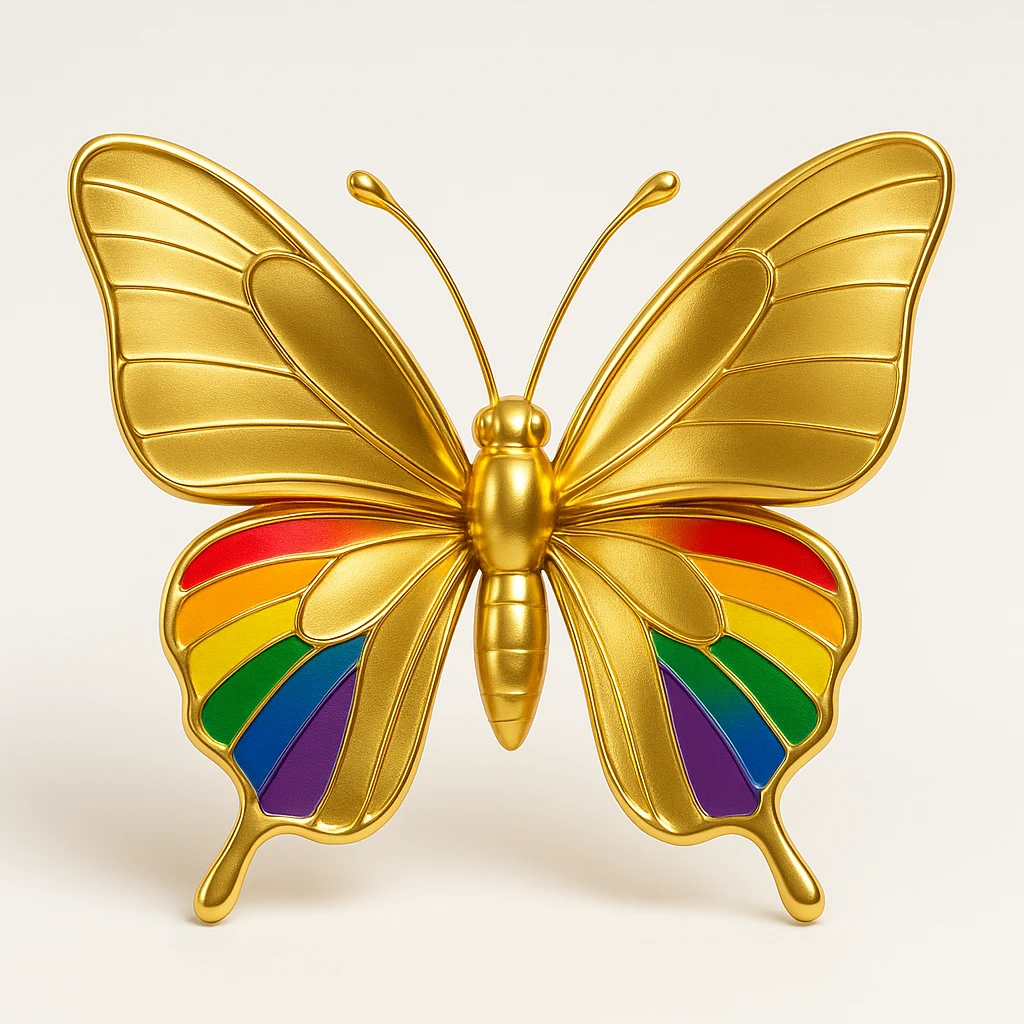 a butterfly in gold style, shiny gold wings with rainbow pride accents emoji
