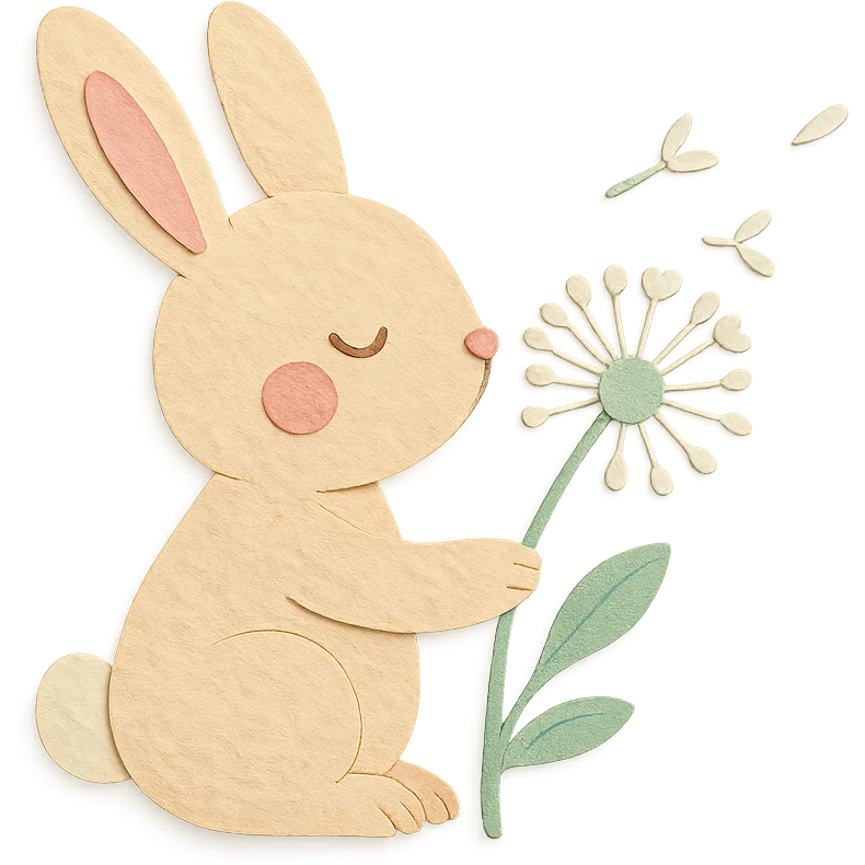 bunny holding a dandelion in the breeze, gentle spring vibe, soft pastel colors, transparent background, paper craft style emoji