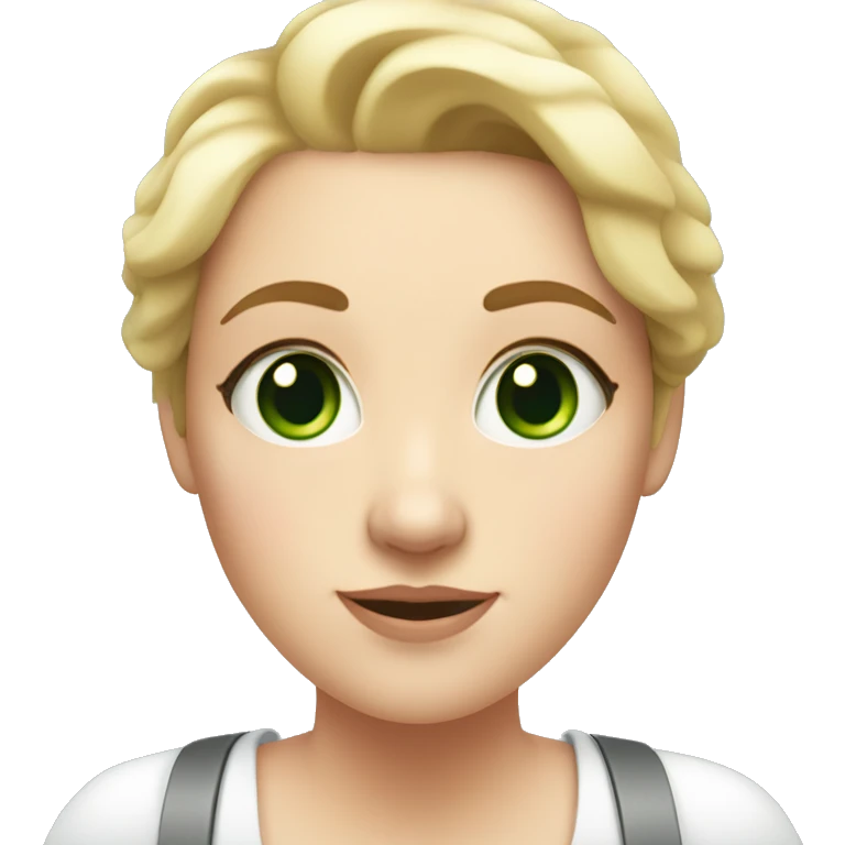White girl  with a double chin and wrinkles on the forehead with narrow green eyes taking a selfie in the lift  emoji