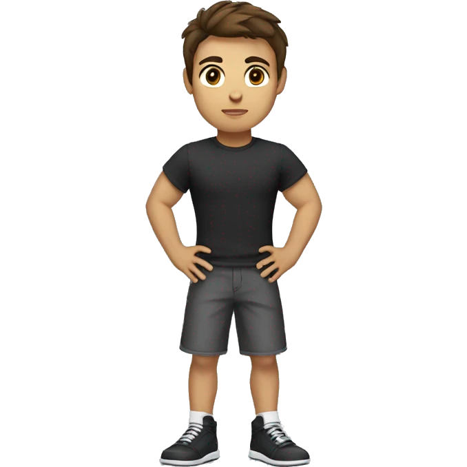 A boy with a tshirt and brown hair and black shoes and brown eyes and with a kickbox emoji