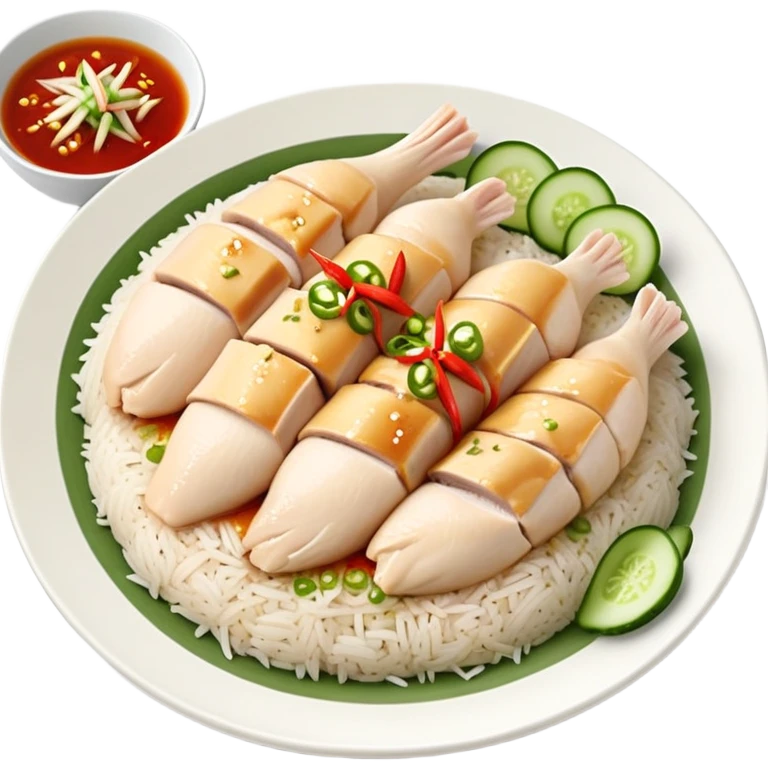 Singapore Hainanese chicken rice with sliced chicken, fragrant rice, cucumber and chili sauce emoji