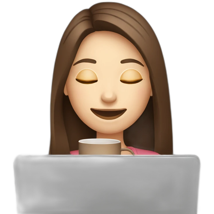 smiling woman with middle brown straight long hair and pale skin eyes closed behind a laptop sipping coffee from a mug emoji