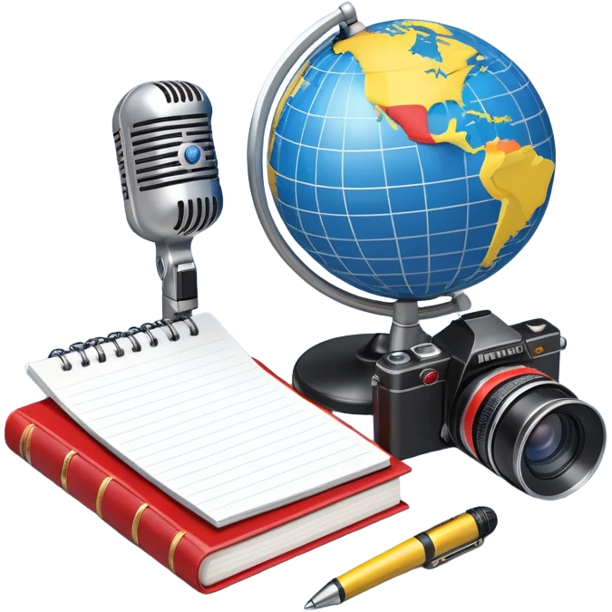 An icon showing a microphone, a notepad, and a camera, symbolizing journalism. The design includes a globe in the background, representing global news, and a breaking news banner for emphasis. Transparent background highlights the dynamic world of media and reporting. emoji