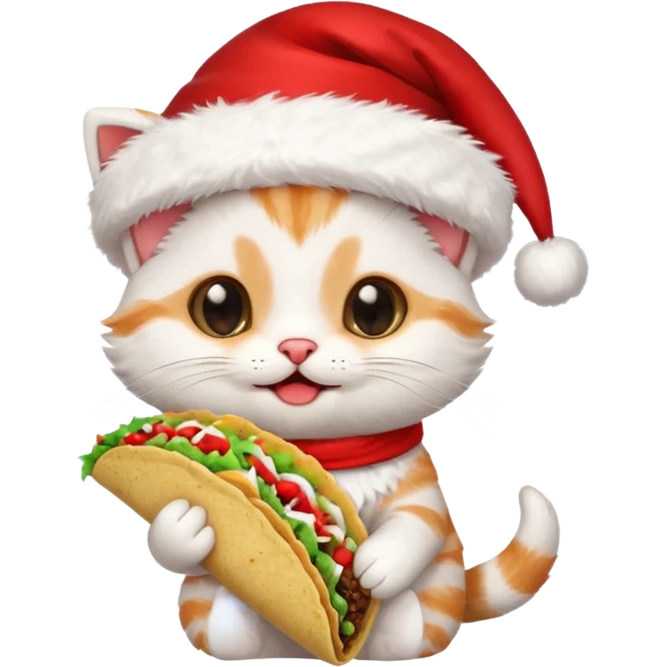 Happy Cute Kitten wearing a Santa hat and holding a taco  emoji