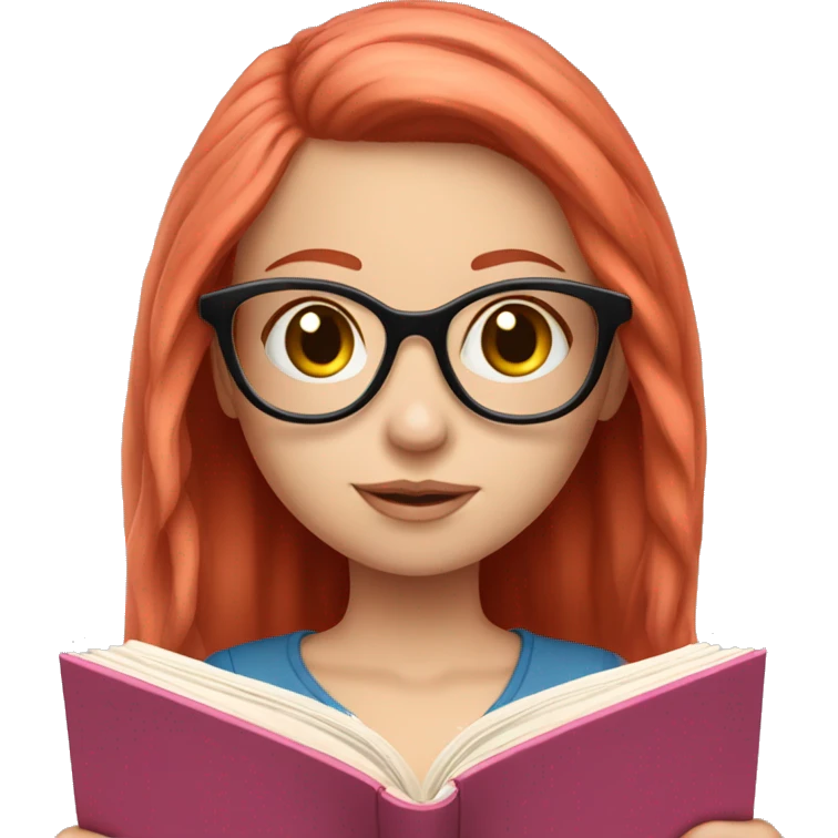 Pale girl with red hair and glasses reading a book she’s got a cute pink outfit emoji