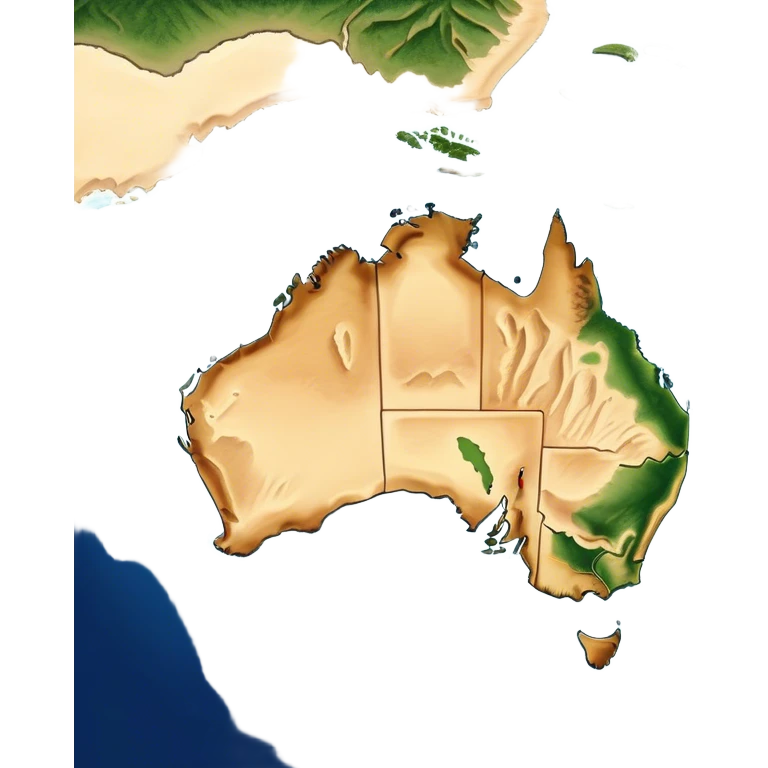 Outline and Landmass of Australia – Cinematic-realistic map of Australia, featuring its distinct coastline and iconic landmass shape. The deep blue ocean surrounds the golden-brown continent, with subtle topographic details highlighting its vast deserts, lush forests, and rugged coastline. A soft glow accentuates the edges, making the shape unmistakable. emoji