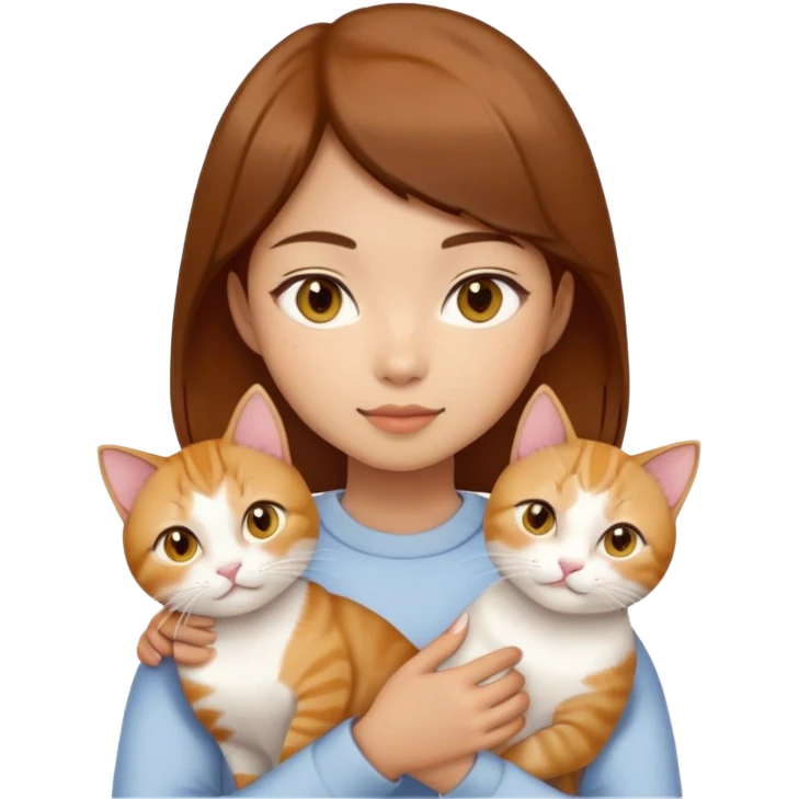 Asian girl, brown hair, brown eyes skin tone almond holding three cats one ginger, one yellow white one British short hair cream colour emoji