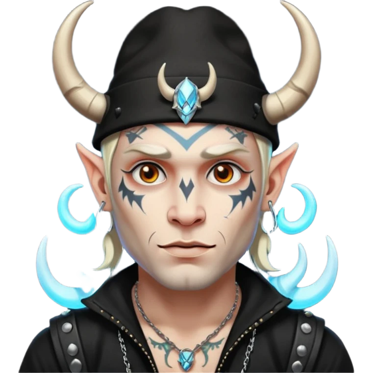 white skin Rock-style man — piercings, glowing tattoos on face, black hat with horns emoji