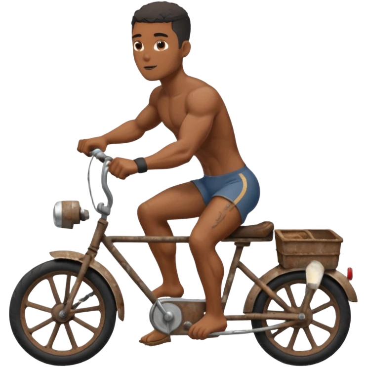 Black big men without shirt riding an old small bike emoji