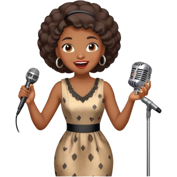 Black jazz singer girl, vintage dress, microphone, joyful expression emoji