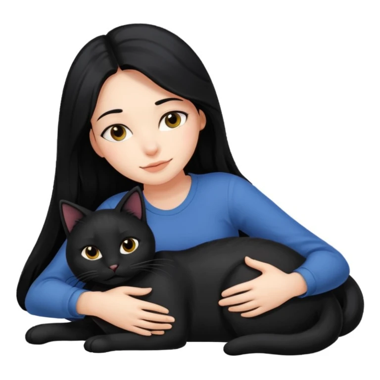 A girl with long black hair, lying down with her black cat while hugging each other. emoji