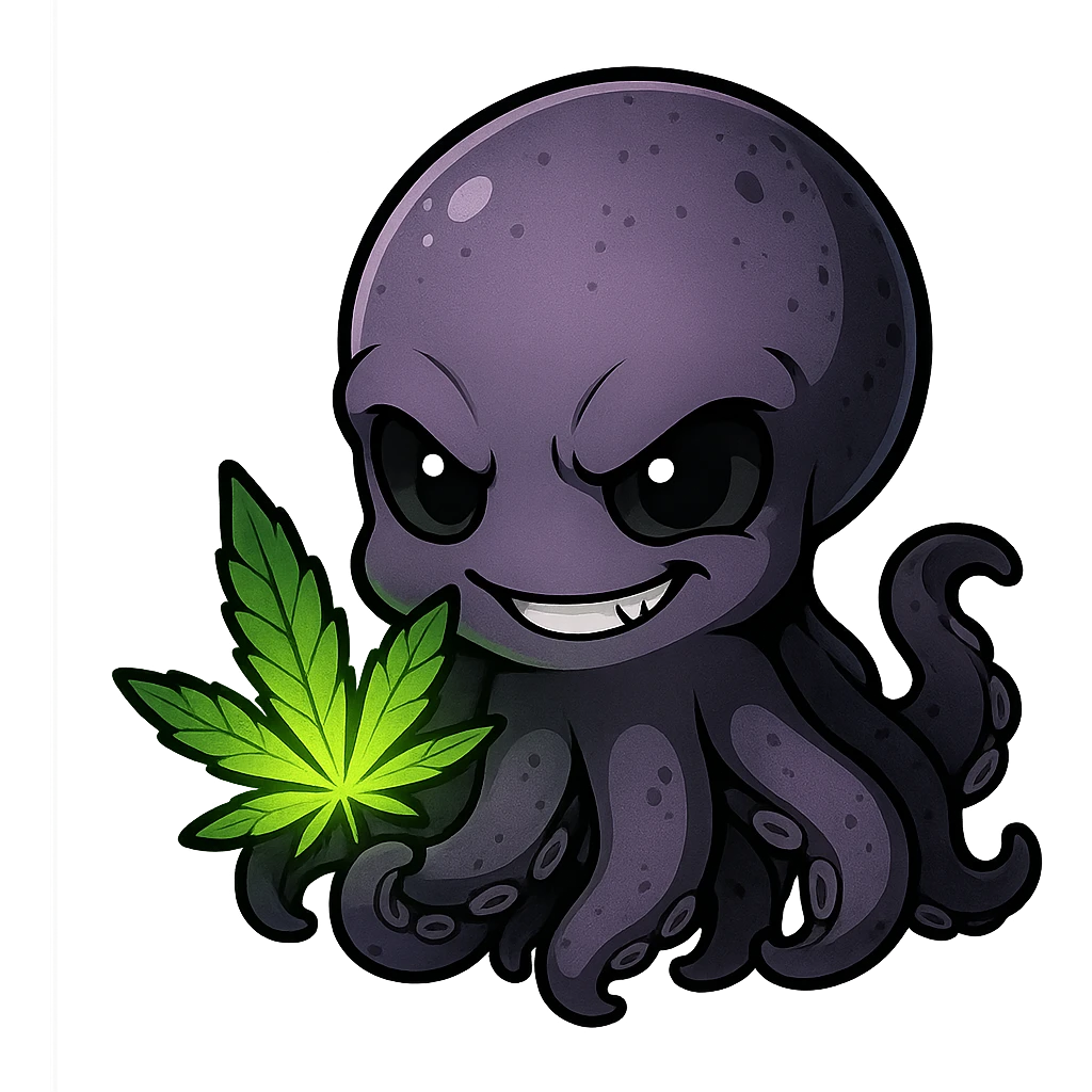cute small anime kraken with a mischievous grin, holding a glowing green ganja leaf, darknet and drugs theme emoji