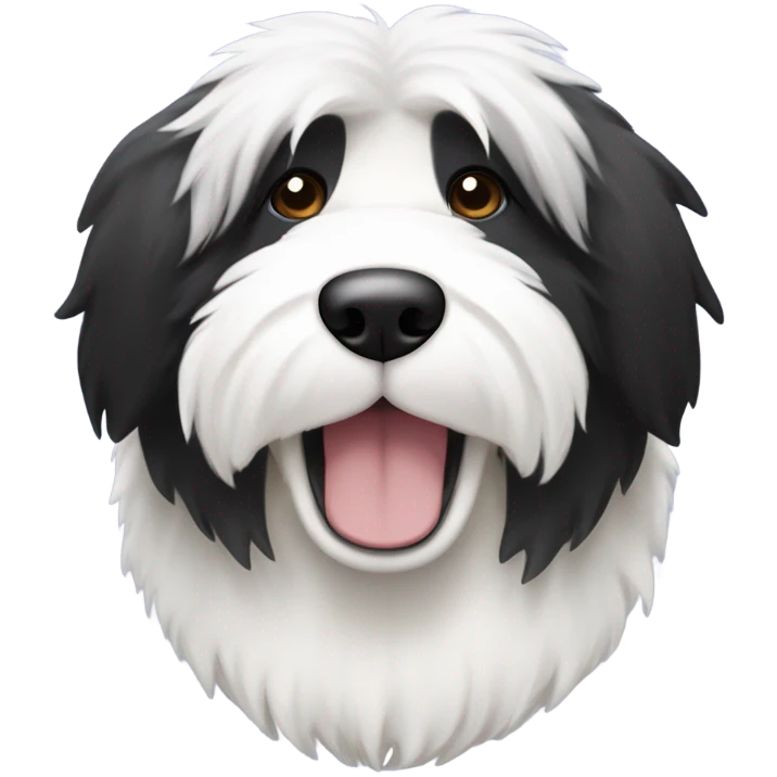 Old English sheepdog with a half and half face like a black (right side) and white (left side) cookie emoji