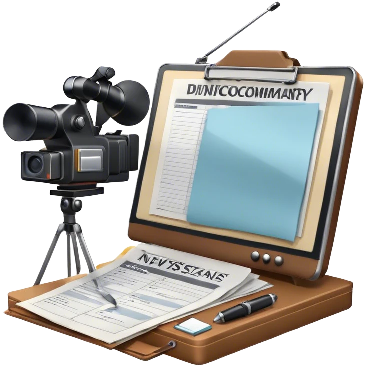 Icon for Documentary Film: A TV show-style design with a large screen displaying a documentary scene. Include papers, a clipboard, and files scattered around, along with a microphone and camera. The design should evoke a news or investigative TV program vibe. Transparent background. emoji