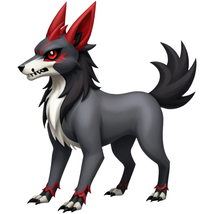 Shiny Exotic Excessive Mysterious Houndoom-HMightyena-Zorua-Zoroark-Zangoose-Houndour-Pokémon-Fakémon-hybrid-creature (full body) with a dog-skull-face emoji
