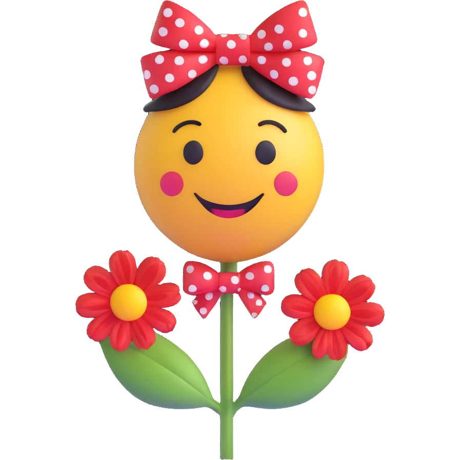 3D smiley emoji, large eyelashes, red polka dot bow, smiling, holding a red flower in one hand, cute style emoji
