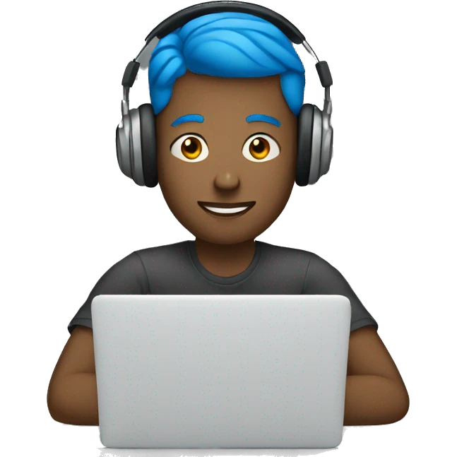 A MAN WITH BLUE EYES WITH HEADPHONES SITTING IN FRONT OF A LAPTOP emoji